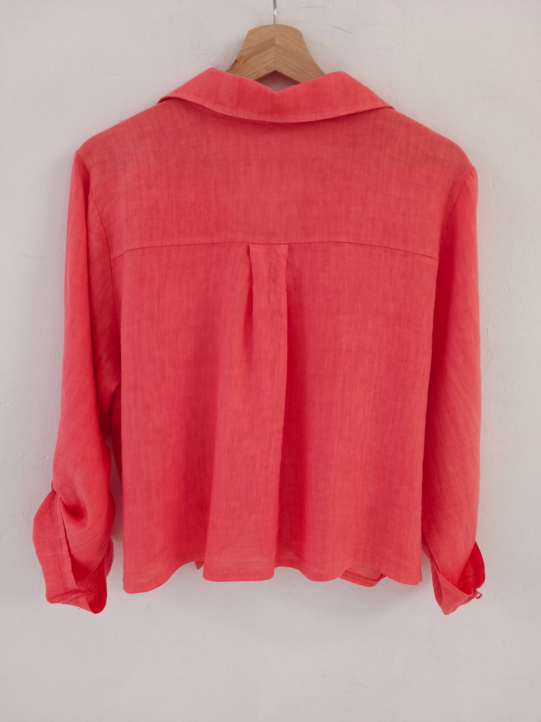 100% Linen Coral Tie-Front Long Sleeve Shirt - Back