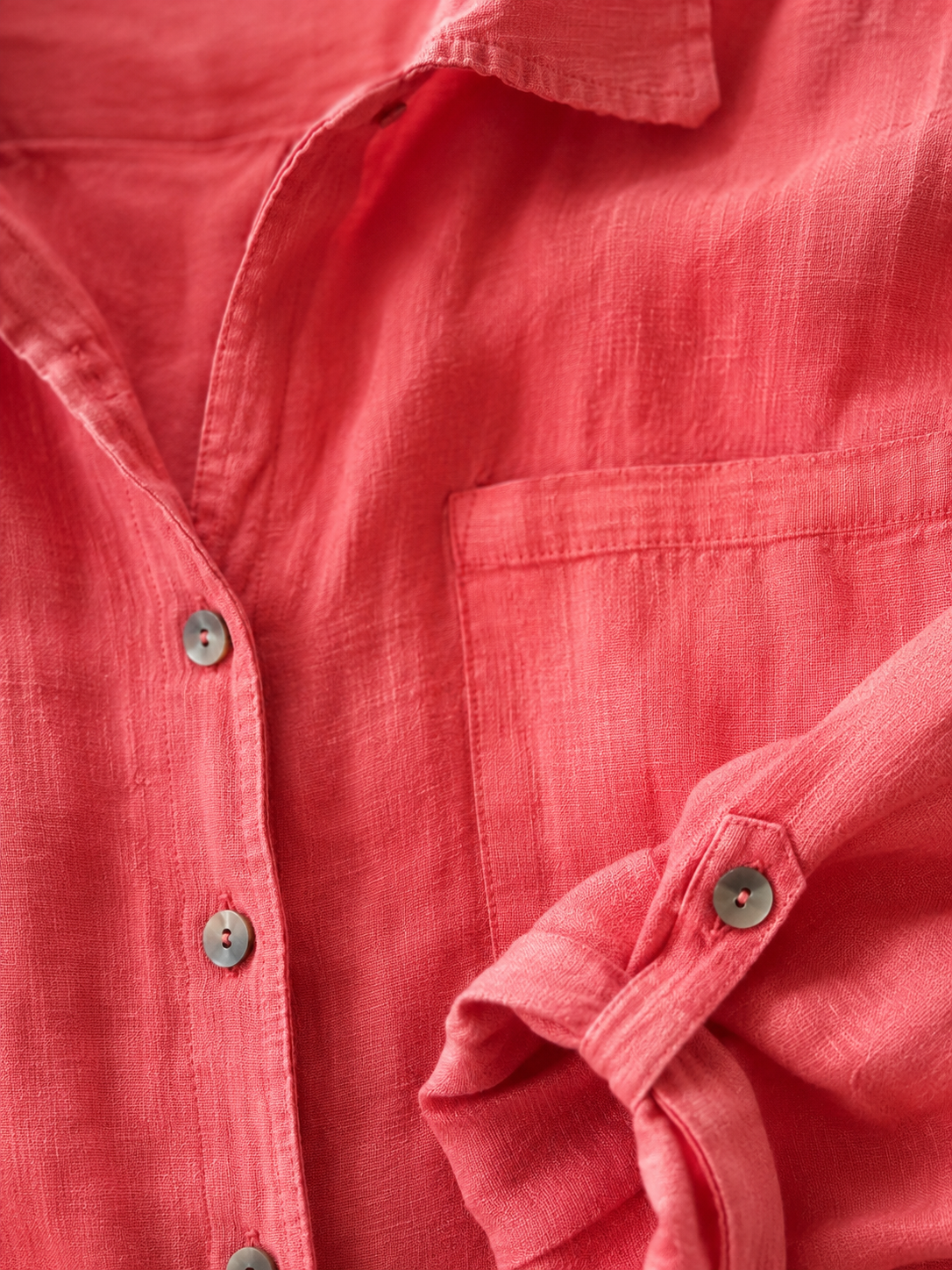 100% Linen Coral Tie-Front Long Sleeve Shirt - Detail