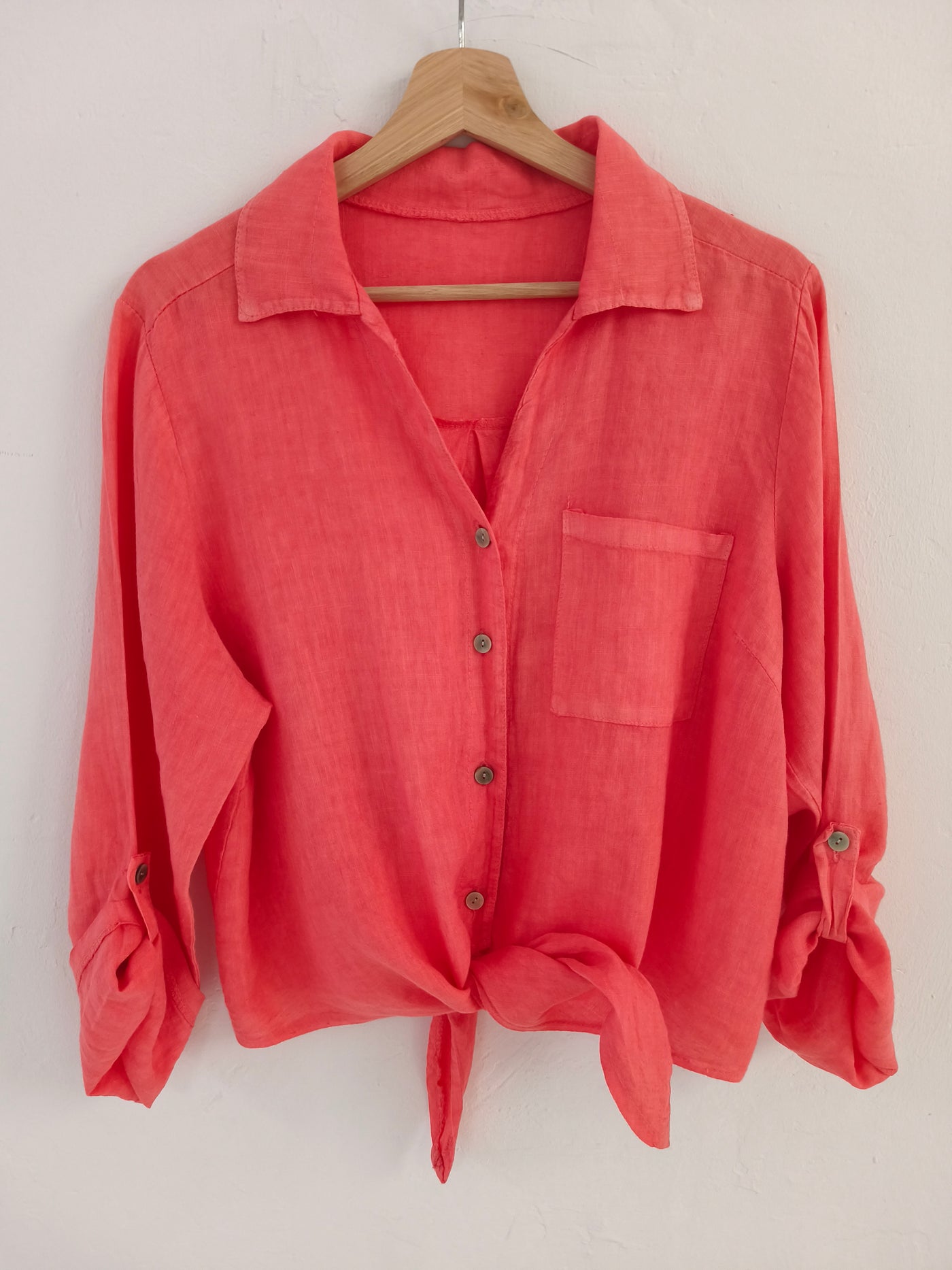 100% Linen Coral Tie-Front Long Sleeve Shirt - Front