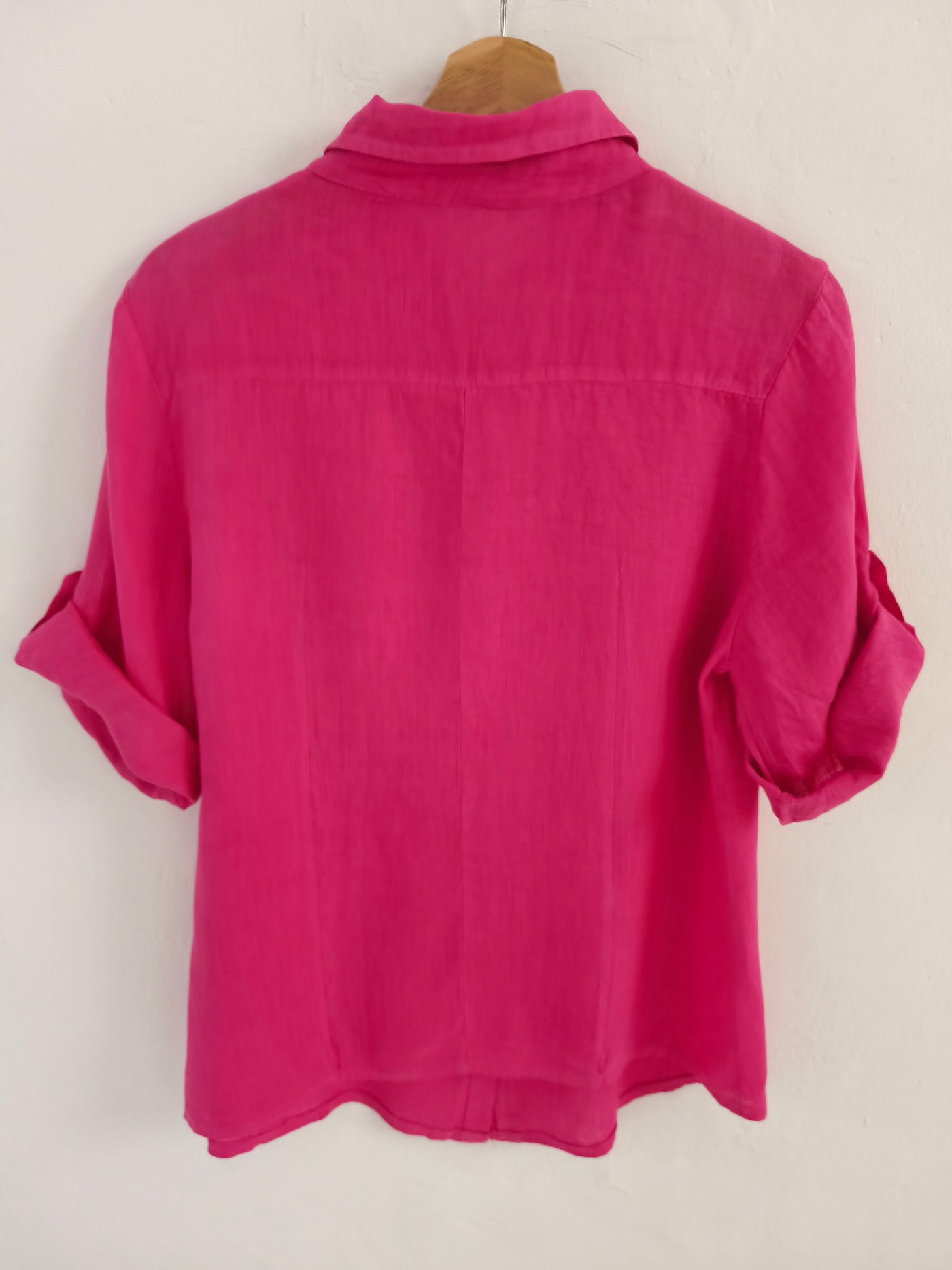 100% Linen Fuchsia Utility Short Sleeve Shirt - Back
