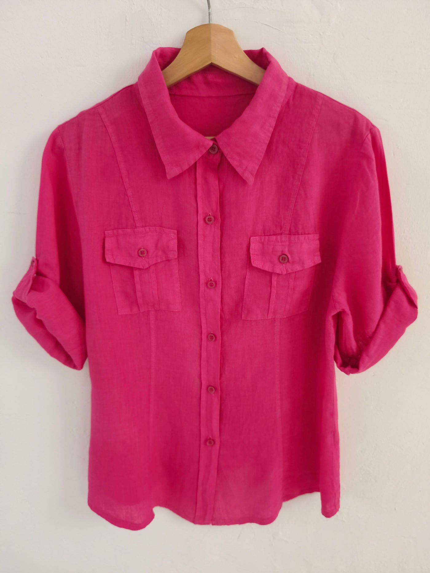 100% Linen Fuchsia Utility Short Sleeve Shirt - Front