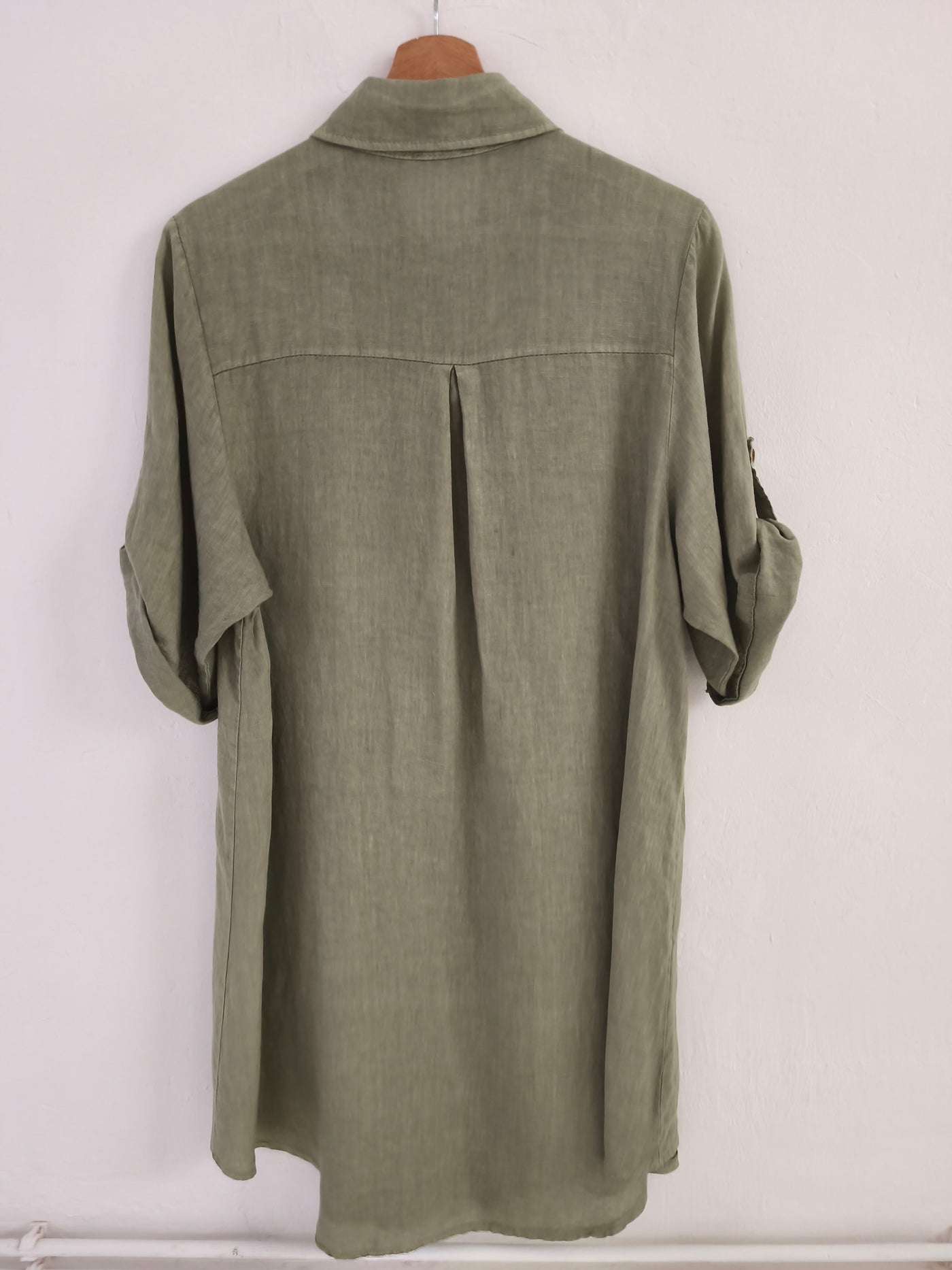 100% Linen Olive Green Roll Sleeve Shirt Dress - Back