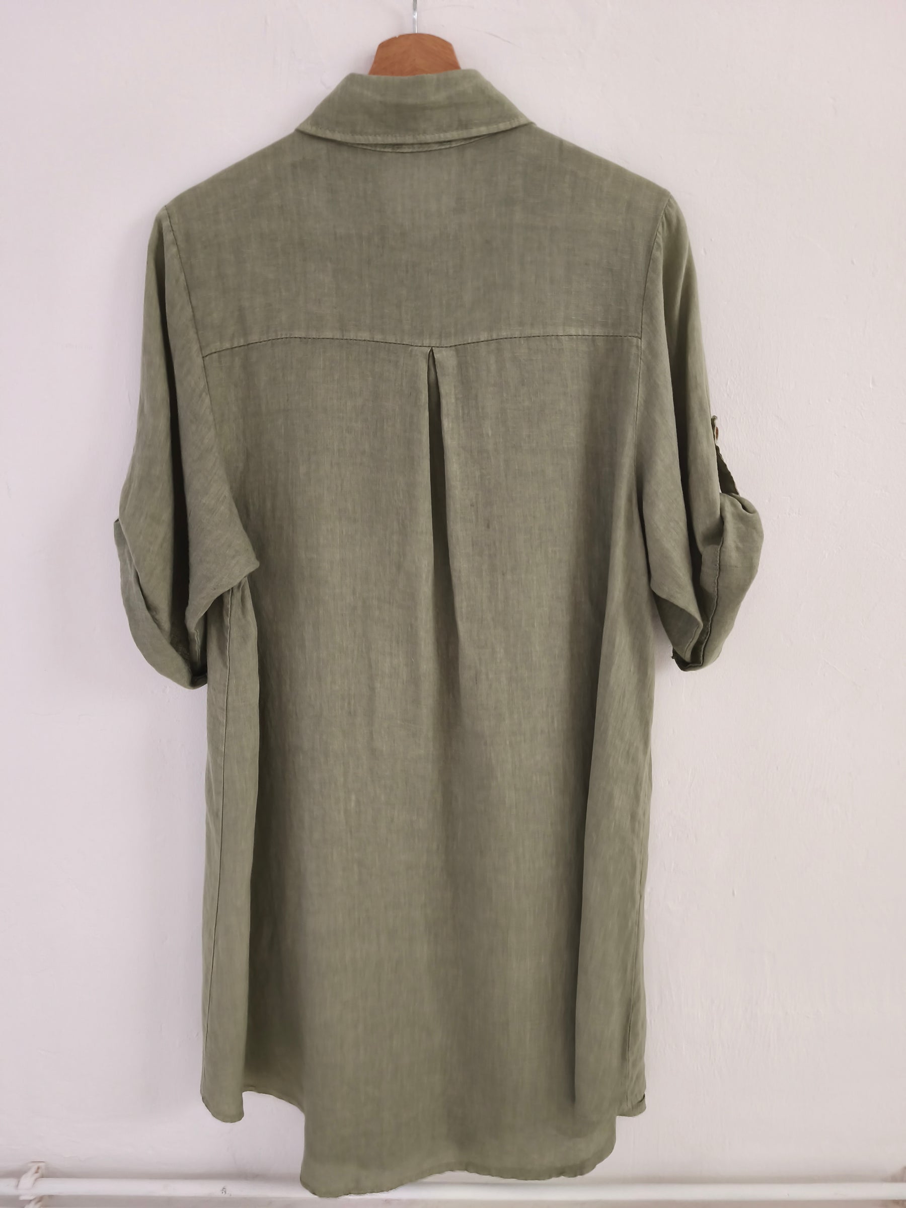 100% Linen Olive Green Roll Sleeve Shirt Dress - Back
