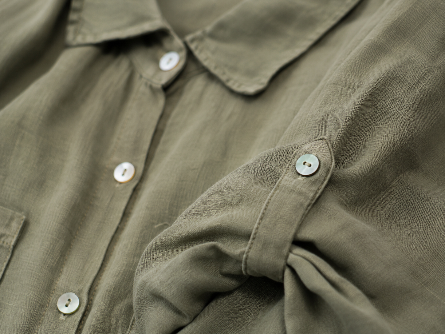 100% Linen Olive Green Roll Sleeve Shirt Dress - Detail