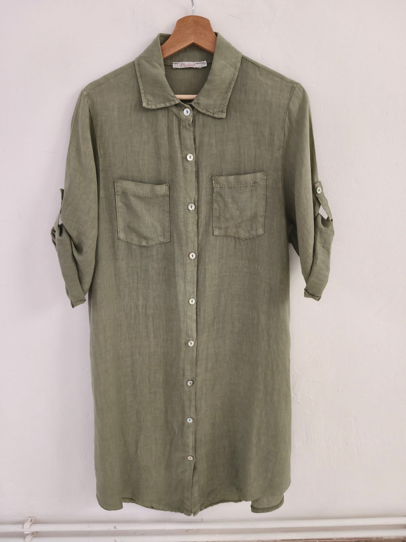 100% Linen Olive Green Roll Sleeve Shirt Dress - Front