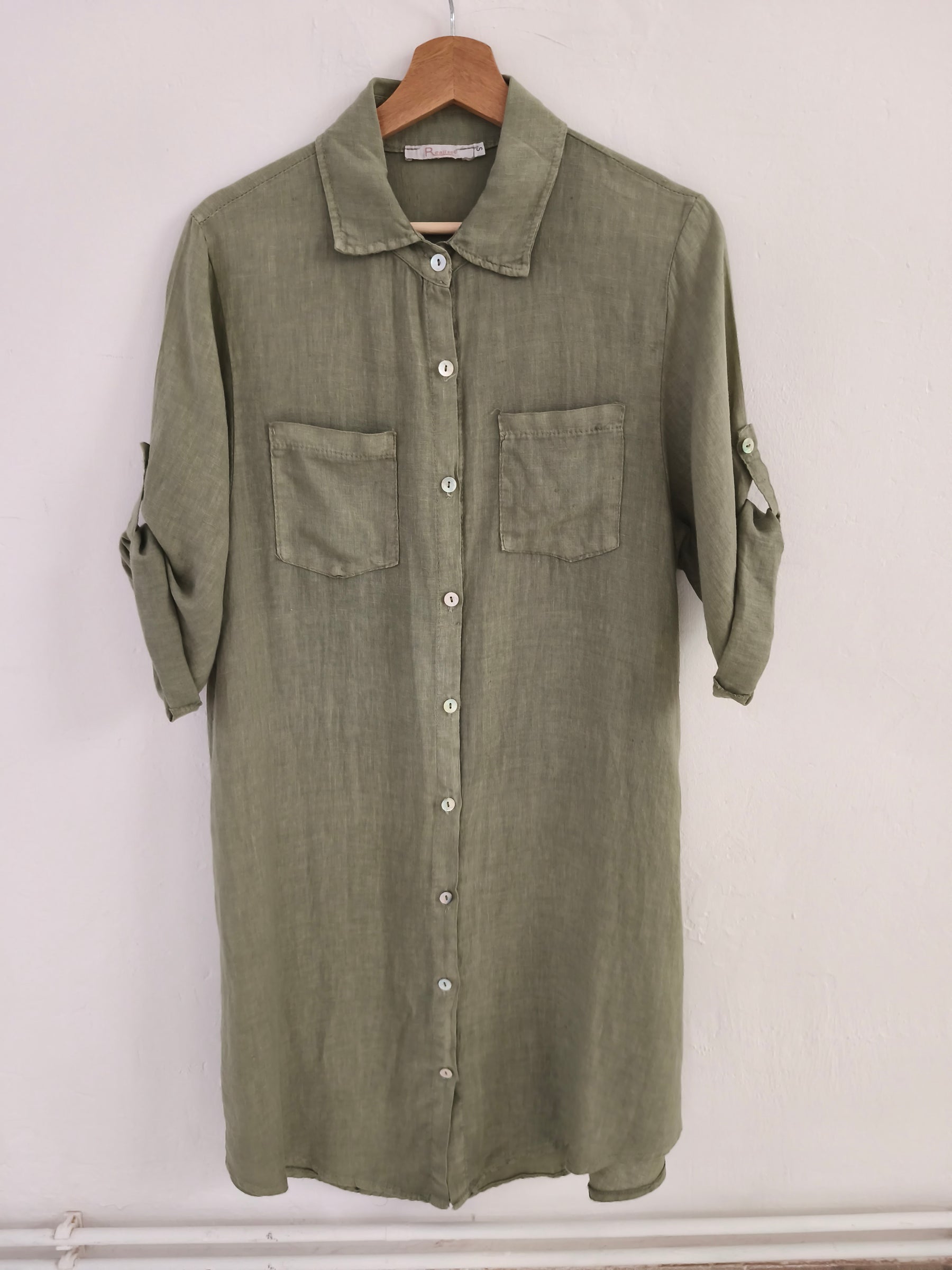 100% Linen Olive Green Roll Sleeve Shirt Dress - Front