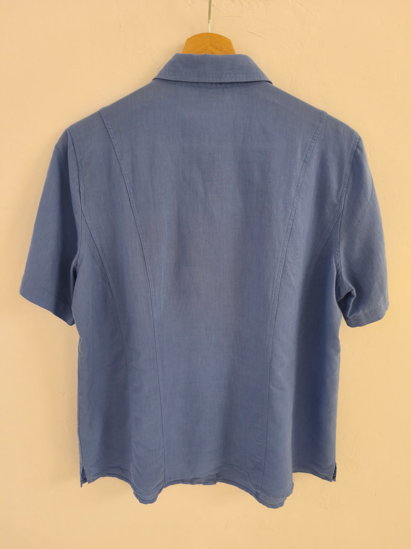 Blue Cotton & Linen Short Sleeve Shirt - Back