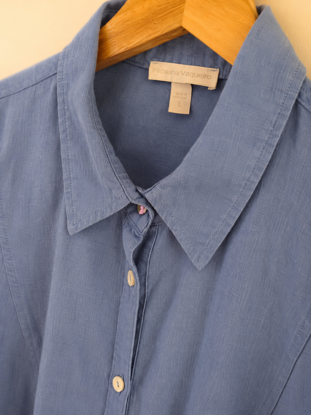 Blue Cotton & Linen Short Sleeve Shirt - Detail