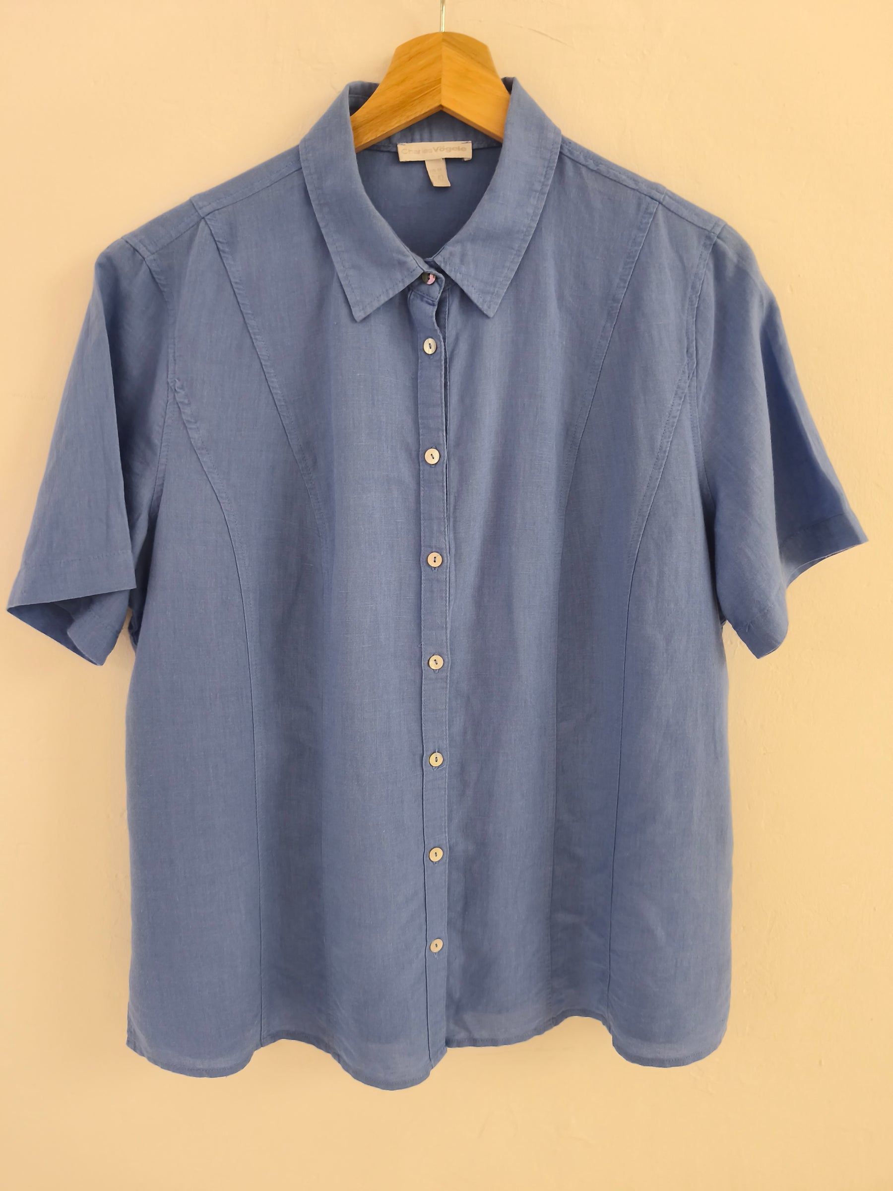 Blue Cotton & Linen Short Sleeve Shirt - Front