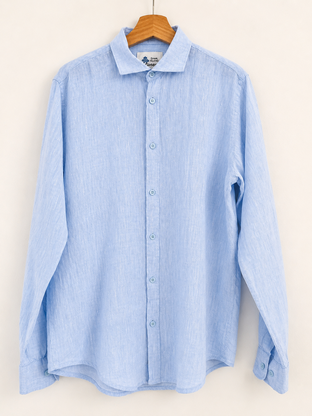 100% Linen Light Blue Long Sleeve Shirt - Front