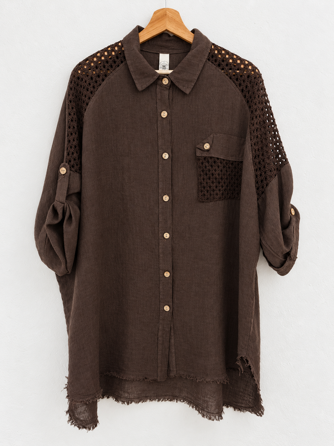 100% Linen Crochet Detail Short Sleeve Shirt - Front