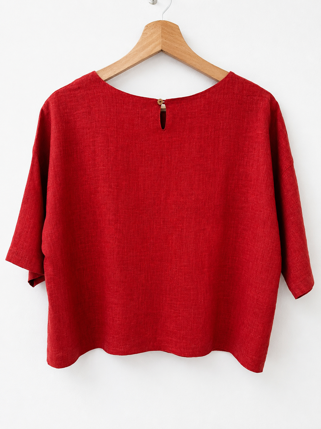 100% Linen Terracotta-Red Short Sleeve Blouse - Back