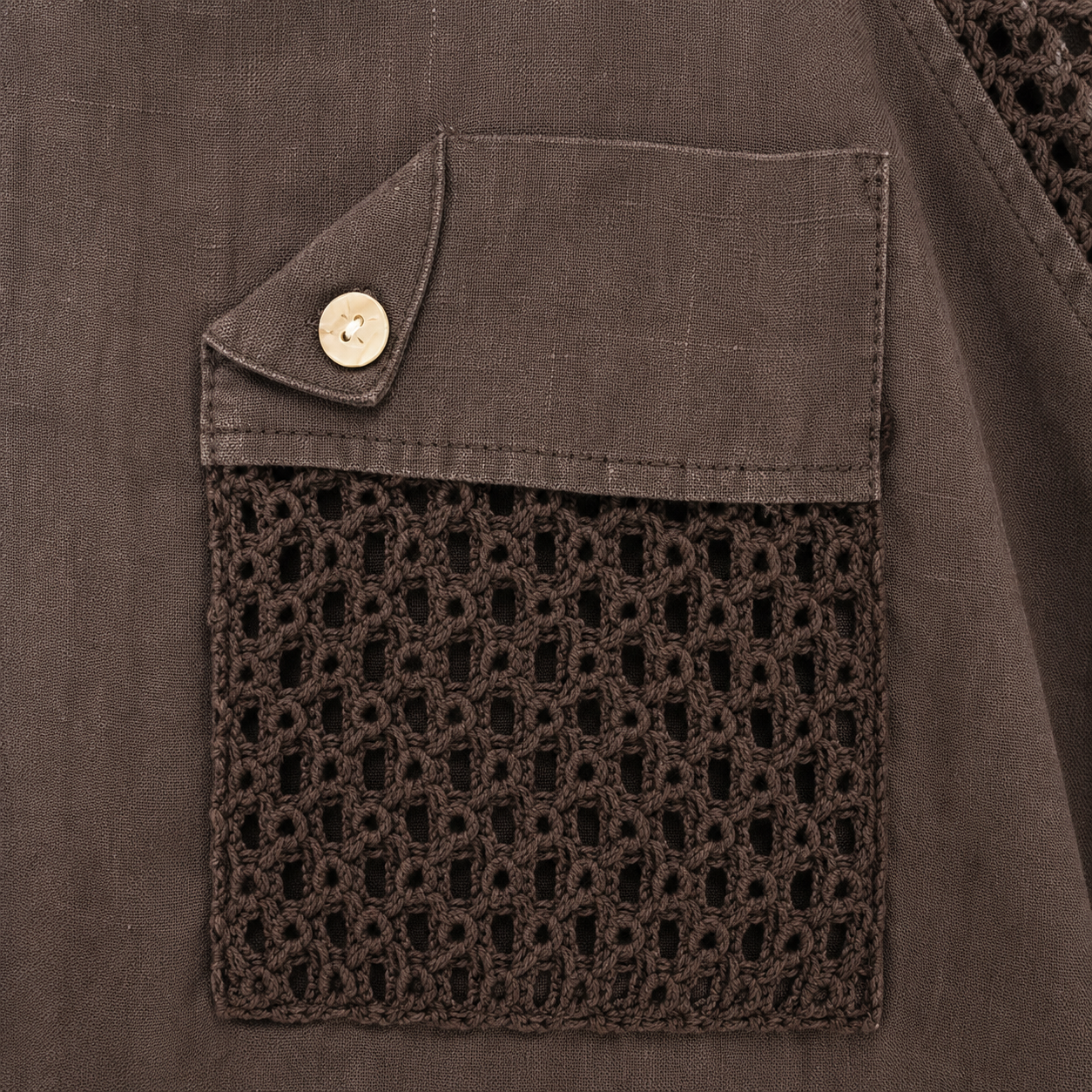 100% Linen Crochet Detail Short Sleeve Shirt - Detail
