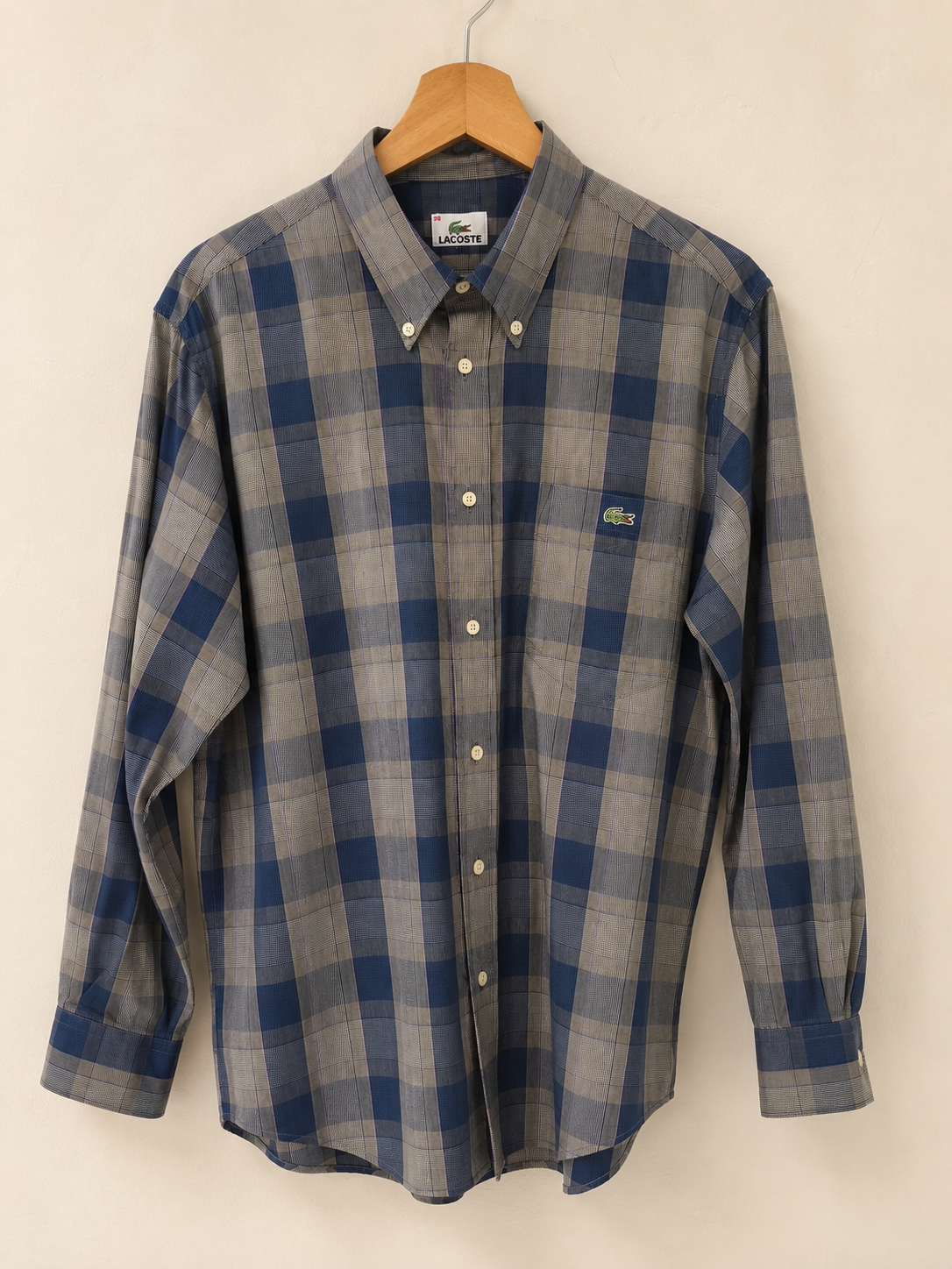 Vintage Lacoste Blue & Grey Plaid Button-Down Shirt - front