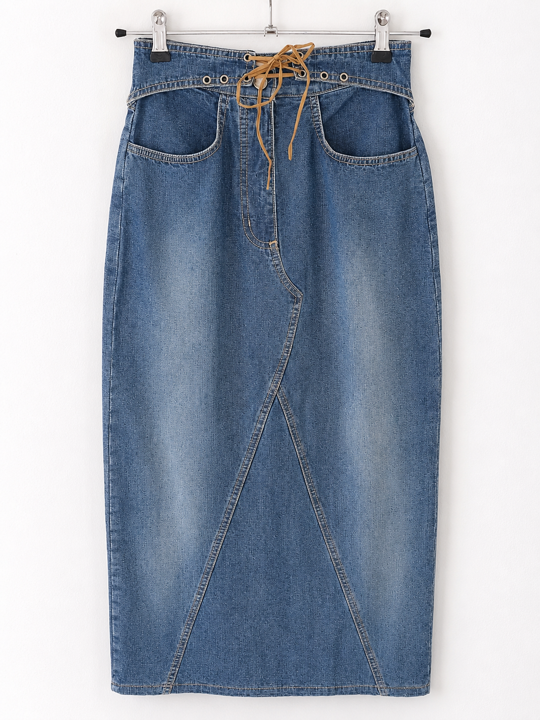 Vintage Y2K Lace-Up Denim Midi Skirt -front