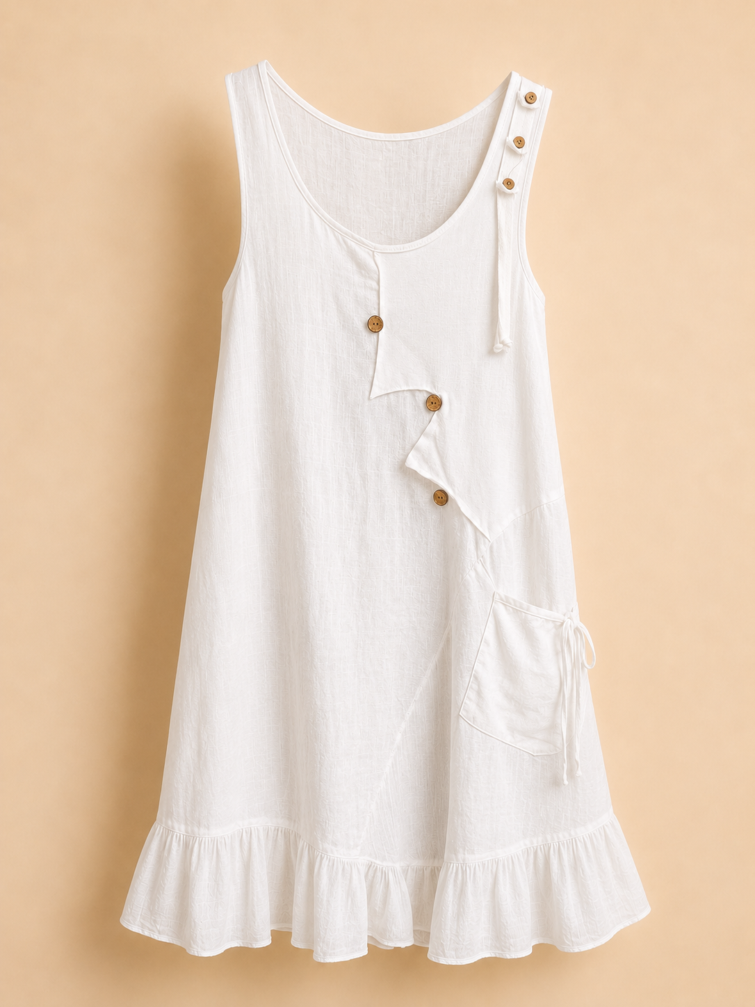 White Linen Blend Asymmetric Button Dress - Front