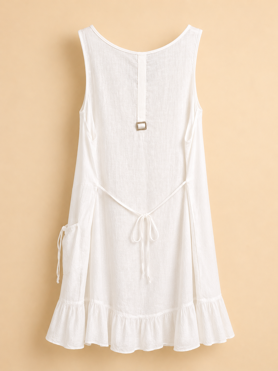 White Linen Blend Asymmetric Button Dress - Front - Back