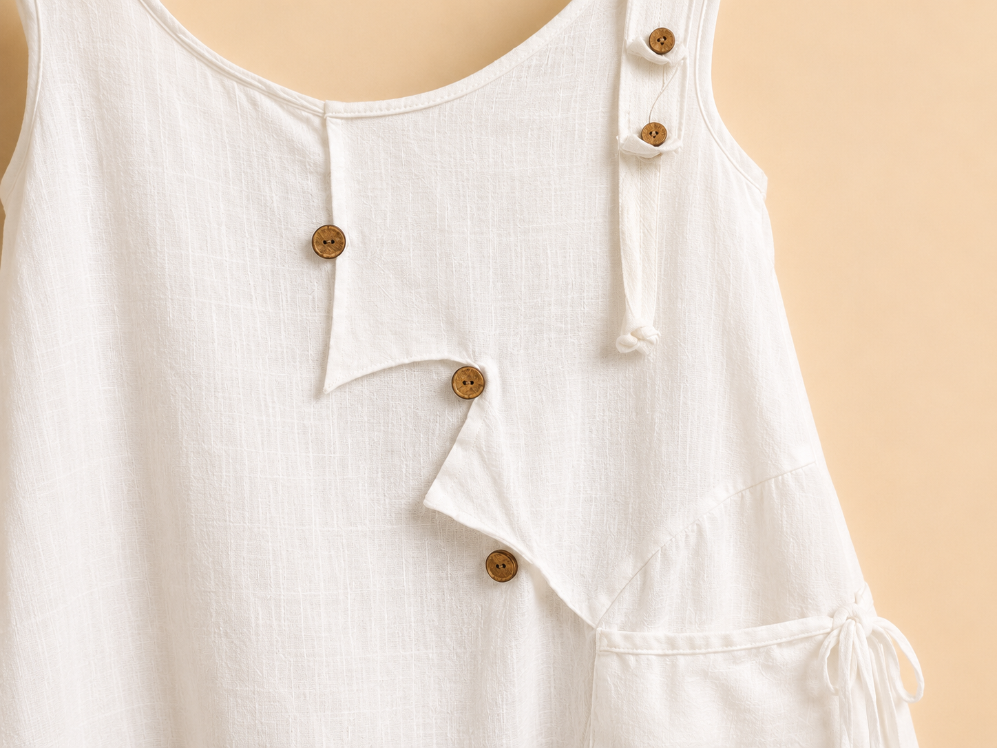 White Linen Blend Asymmetric Button Dress - Front - Detail